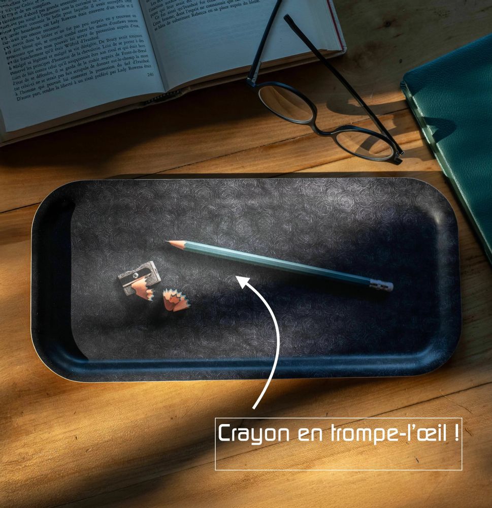 Trays - Long wooden serving tray - Trompe-l'oeil pencil 15x32 cm - MONBOPLATO