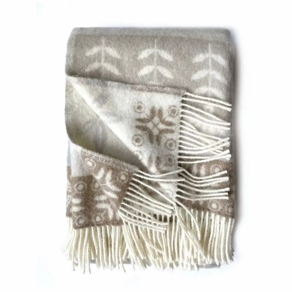 Throw blankets - Wool blanket plaid "Folklore floral" , taupe - WOOL ONLY BY JOWOLLINA