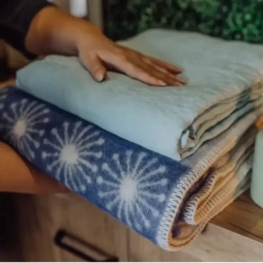 Throw blankets - Wool blanket plaid, Folklore floral Blue - WOOL ONLY BY JOWOLLINA