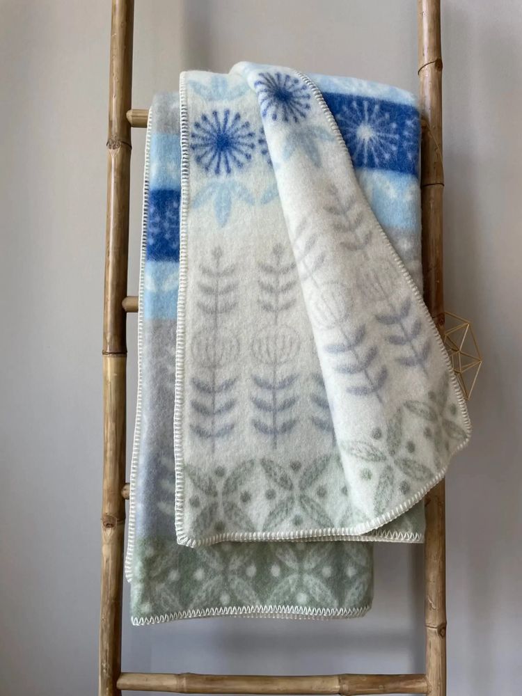 Throw blankets - Wool blanket plaid, Folklore floral Blue - WOOL ONLY BY JOWOLLINA