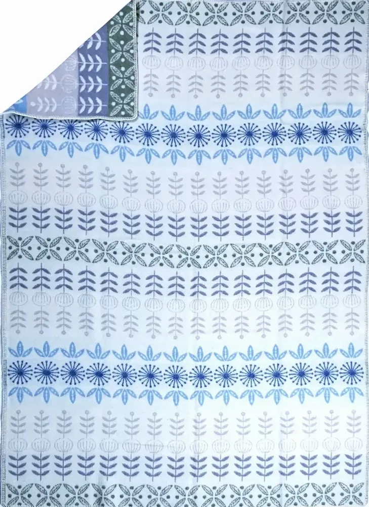 Throw blankets - Wool blanket plaid, Folklore floral Blue - WOOL ONLY BY JOWOLLINA