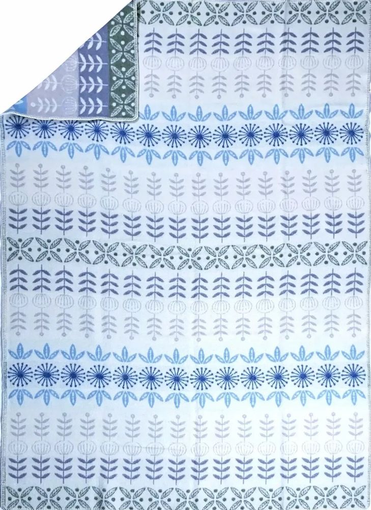 Throw blankets - Wool blanket plaid, Folklore floral Blue - WOOL ONLY BY JOWOLLINA