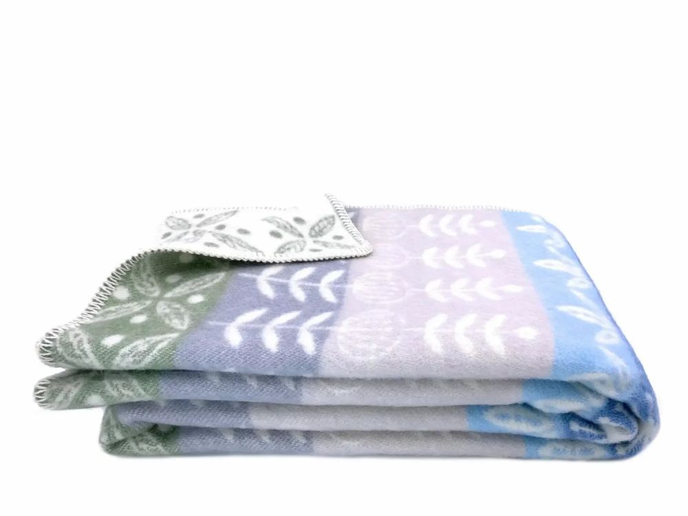 Throw blankets - Wool blanket plaid, Folklore floral Blue - WOOL ONLY BY JOWOLLINA