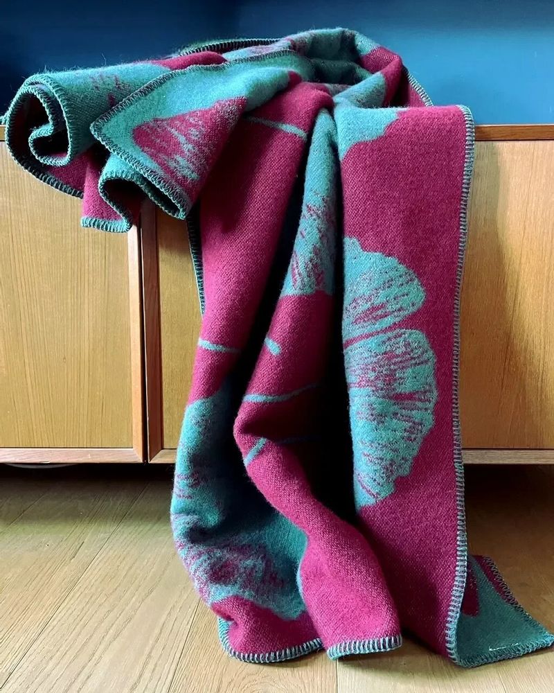 Throw blankets - Wool blanket plaid, Ginkgo Duck Green Bordeaux - WOOL ONLY BY JOWOLLINA
