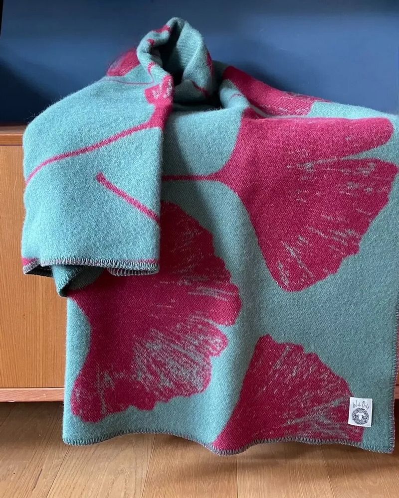 Throw blankets - Wool blanket plaid, Ginkgo Duck Green Bordeaux - WOOL ONLY BY JOWOLLINA