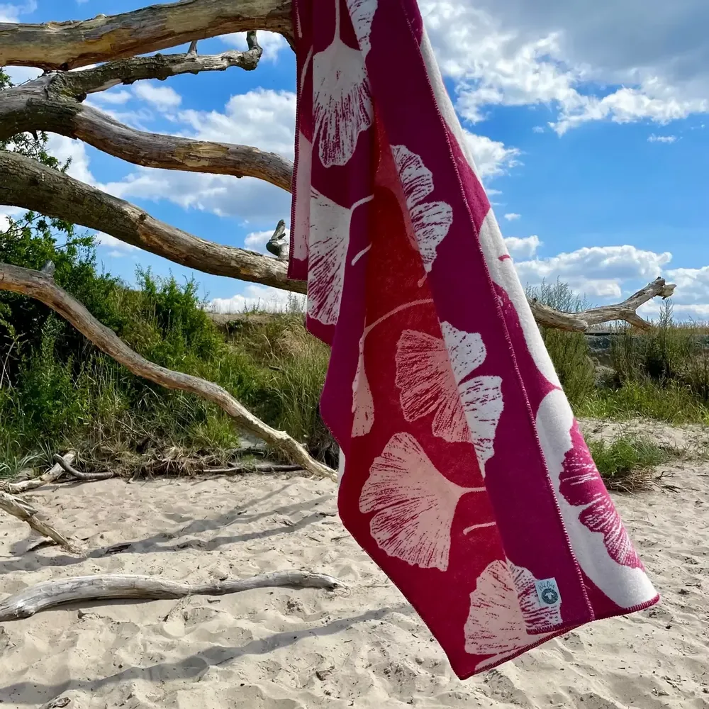 Throw blankets - Wool blanket plaid, Ginkgo Raspberries Magenta - WOOL ONLY BY JOWOLLINA