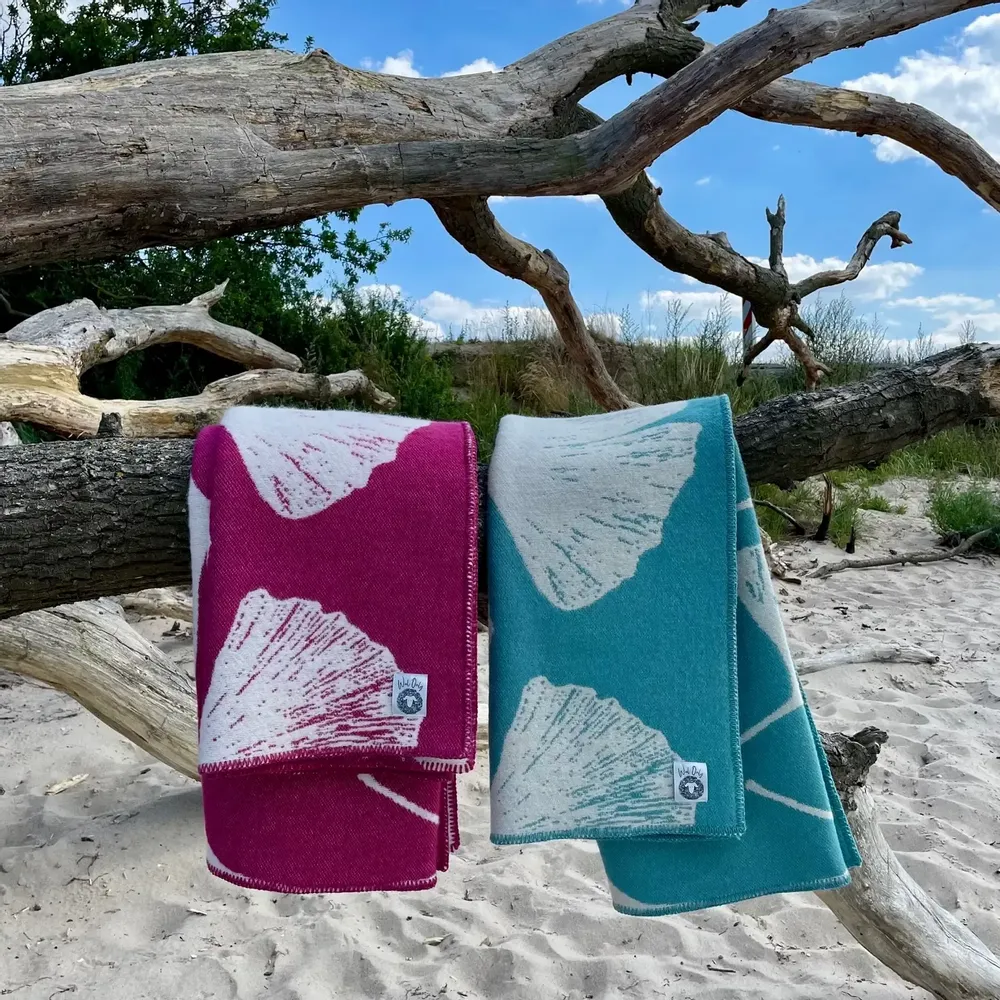 Throw blankets - Wool blanket plaid, Ginkgo Raspberries Magenta - WOOL ONLY BY JOWOLLINA