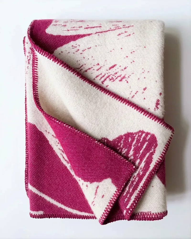 Throw blankets - Wool blanket plaid, Ginkgo Raspberries Magenta - WOOL ONLY BY JOWOLLINA