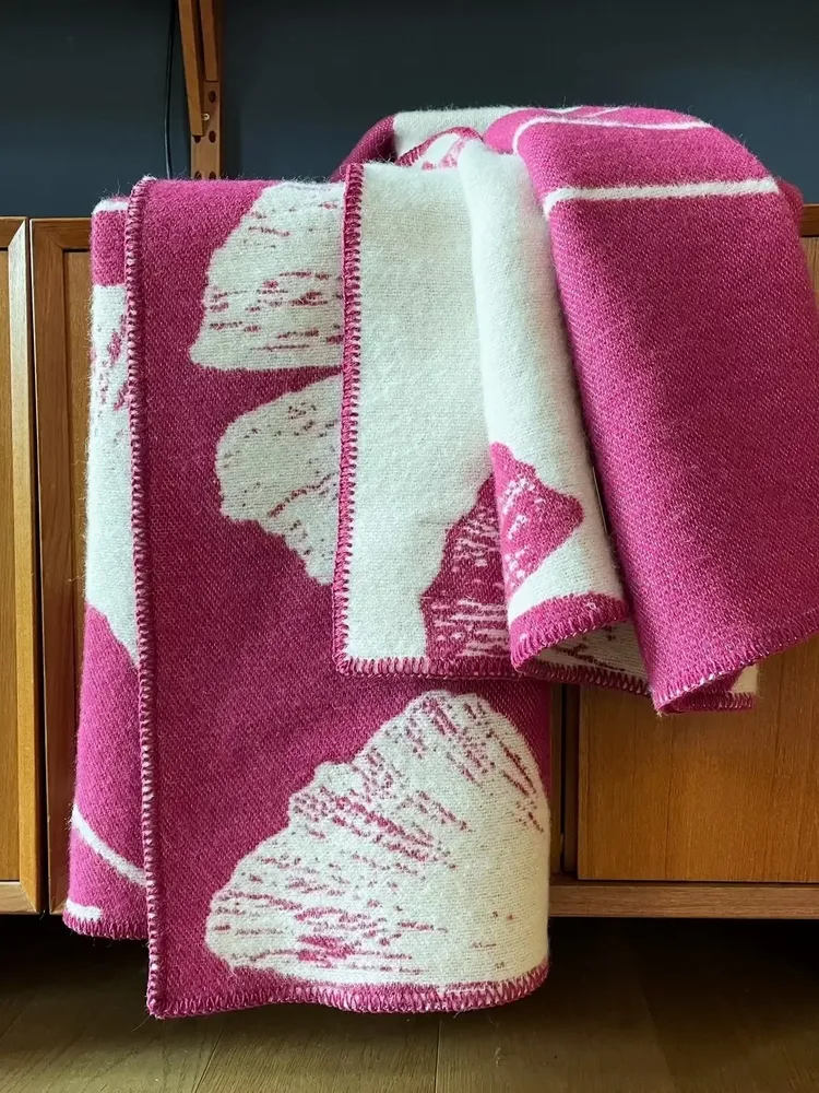 Throw blankets - Wool blanket plaid, Ginkgo Raspberries Magenta - WOOL ONLY BY JOWOLLINA