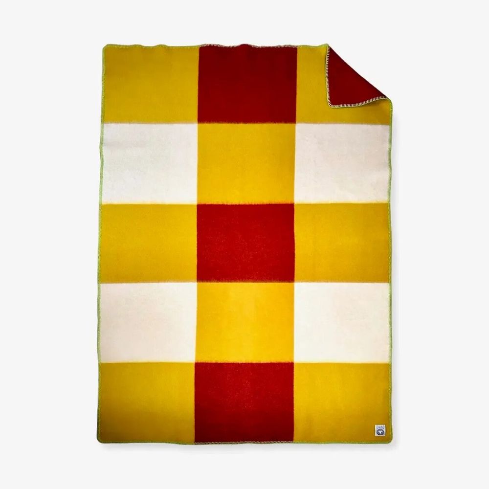 Plaids - Plaid couverture en laine, Carré Tricolore Piment Moutarde Épicé - WOOL ONLY BY JOWOLLINA