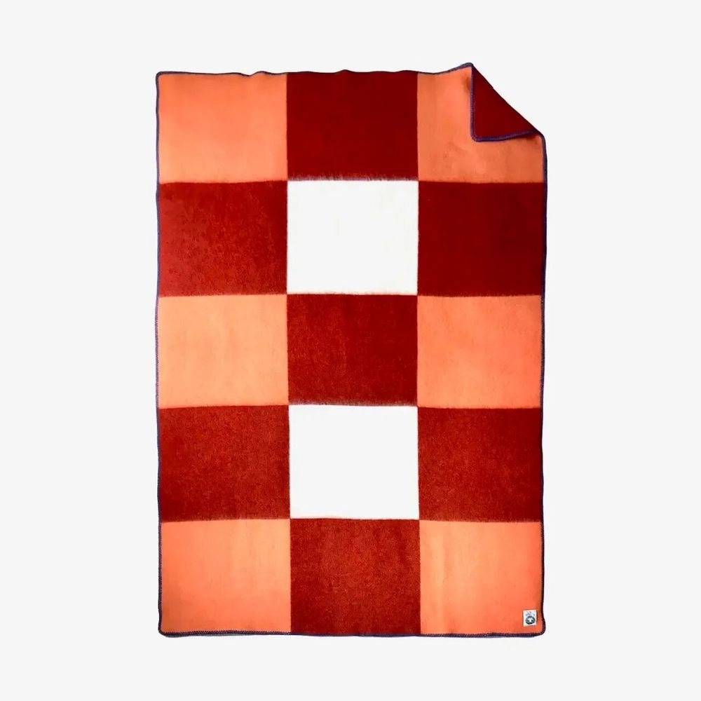 Throw blankets - Wool blanket plaid, Tricolor Square Papaya Chili - WOOL ONLY BY JOWOLLINA