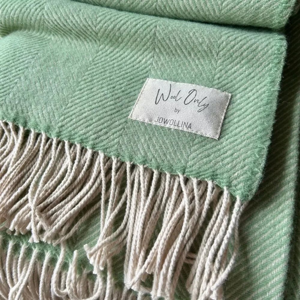 Throw blankets - Wool blanket plaid, Herringbone Mint Natural - WOOL ONLY BY JOWOLLINA