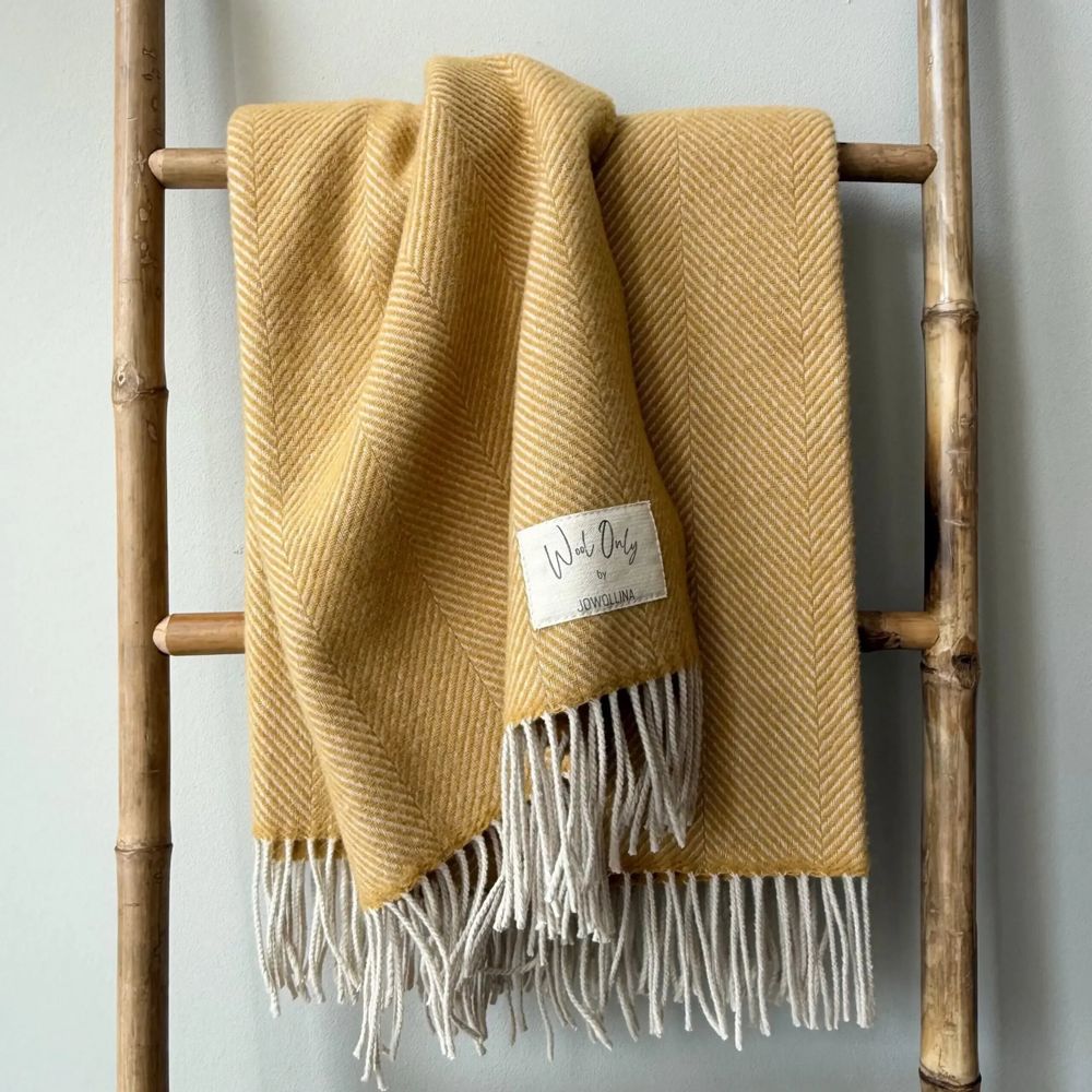 Throw blankets - Wool blanket plaid, Herringbone Honey Natural - WOOL ONLY BY JOWOLLINA