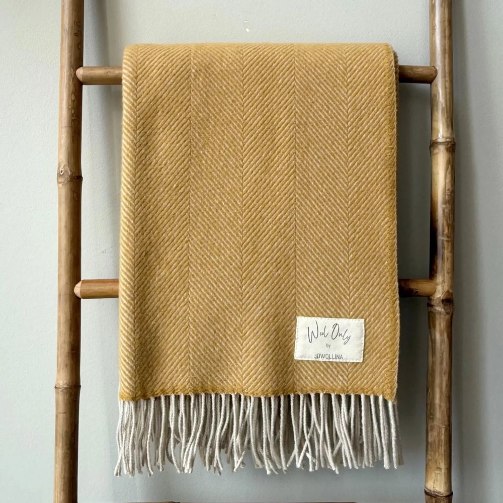 Throw blankets - Wool blanket plaid, Herringbone Honey Natural - WOOL ONLY BY JOWOLLINA