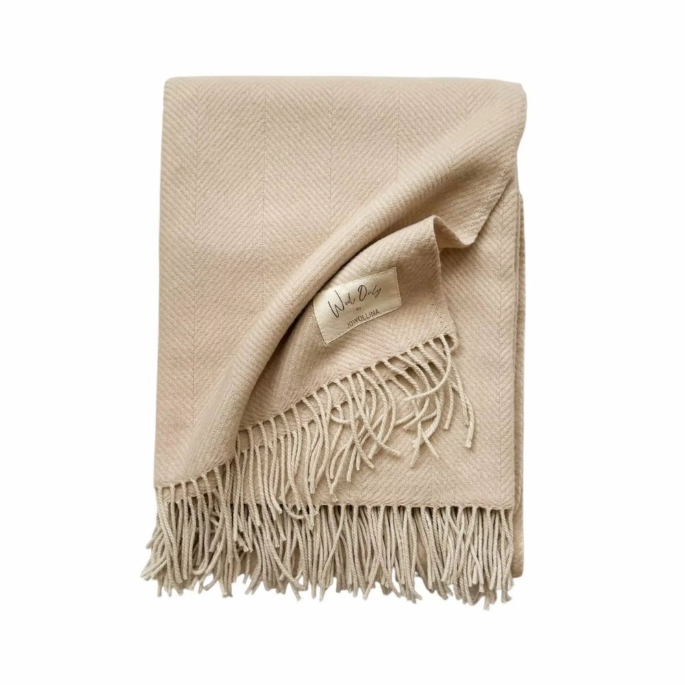 Throw blankets - Wool blanket plaid, Herringbone Linen Natural - WOOL ONLY BY JOWOLLINA