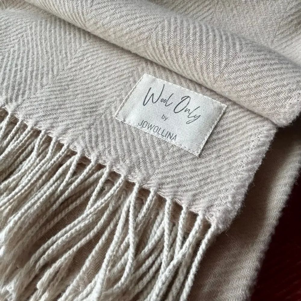 Throw blankets - Wool blanket plaid, Herringbone Linen Natural - WOOL ONLY BY JOWOLLINA