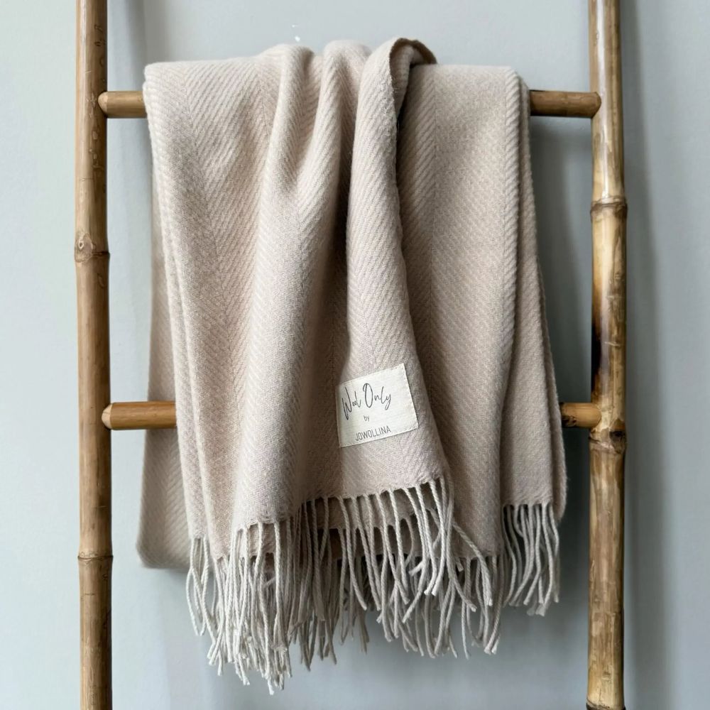 Throw blankets - Wool blanket plaid, Herringbone Linen Natural - WOOL ONLY BY JOWOLLINA