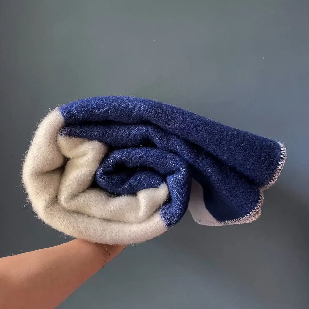 Throw blankets - Wool blanket plaid, Tricolor Square Solid Blue - WOOL ONLY BY JOWOLLINA