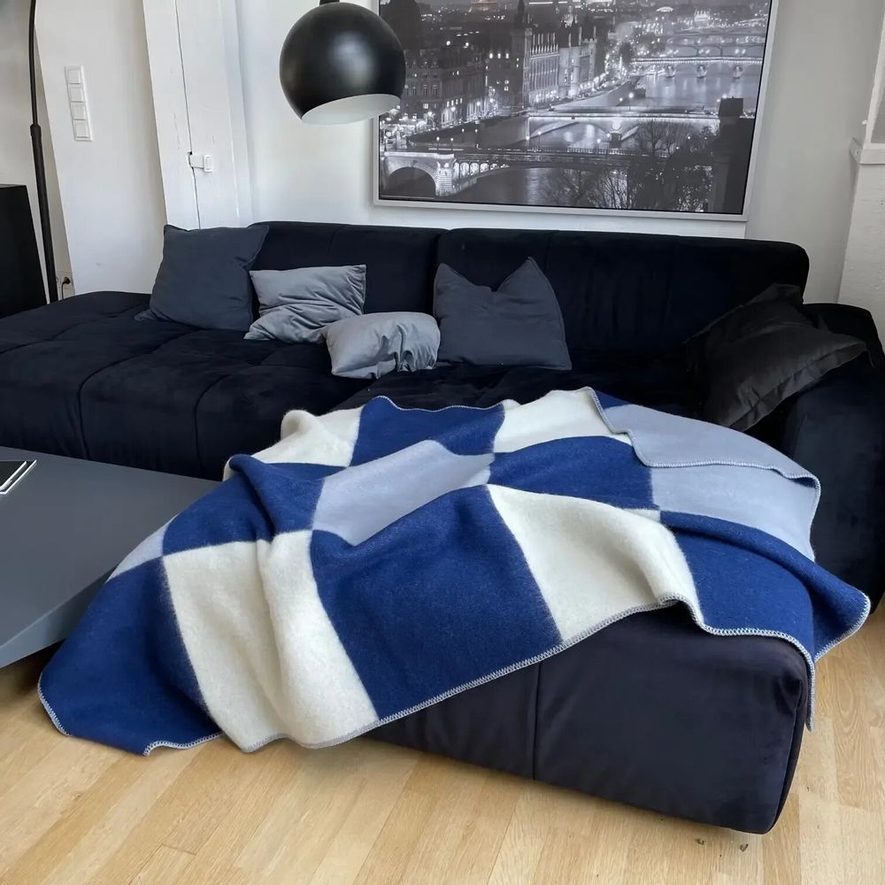 Throw blankets - Wool blanket plaid, Tricolor Square Solid Blue - WOOL ONLY BY JOWOLLINA
