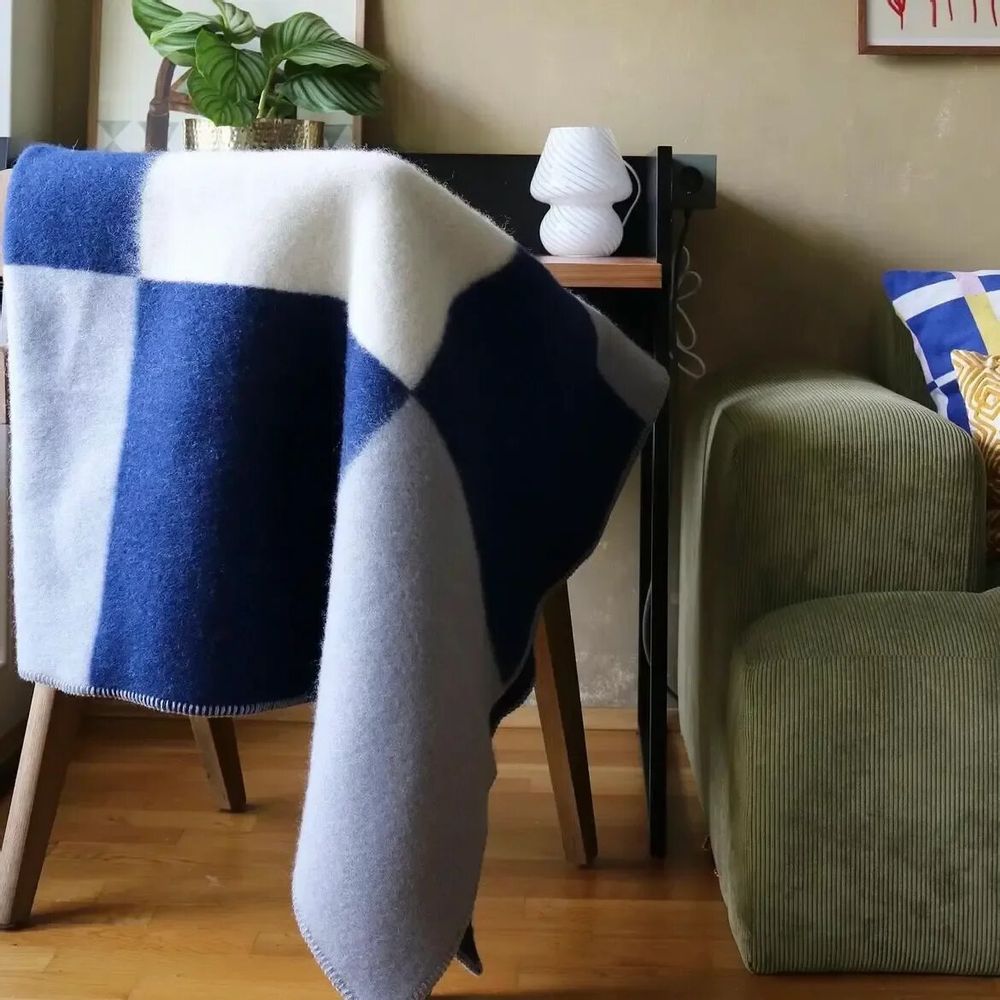 Throw blankets - Wool blanket plaid, Tricolor Square Solid Blue - WOOL ONLY BY JOWOLLINA