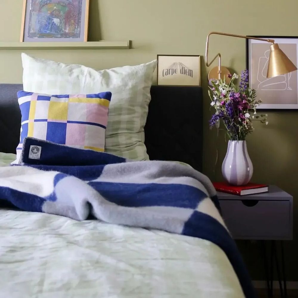 Throw blankets - Wool blanket plaid, Tricolor Square Solid Blue - WOOL ONLY BY JOWOLLINA