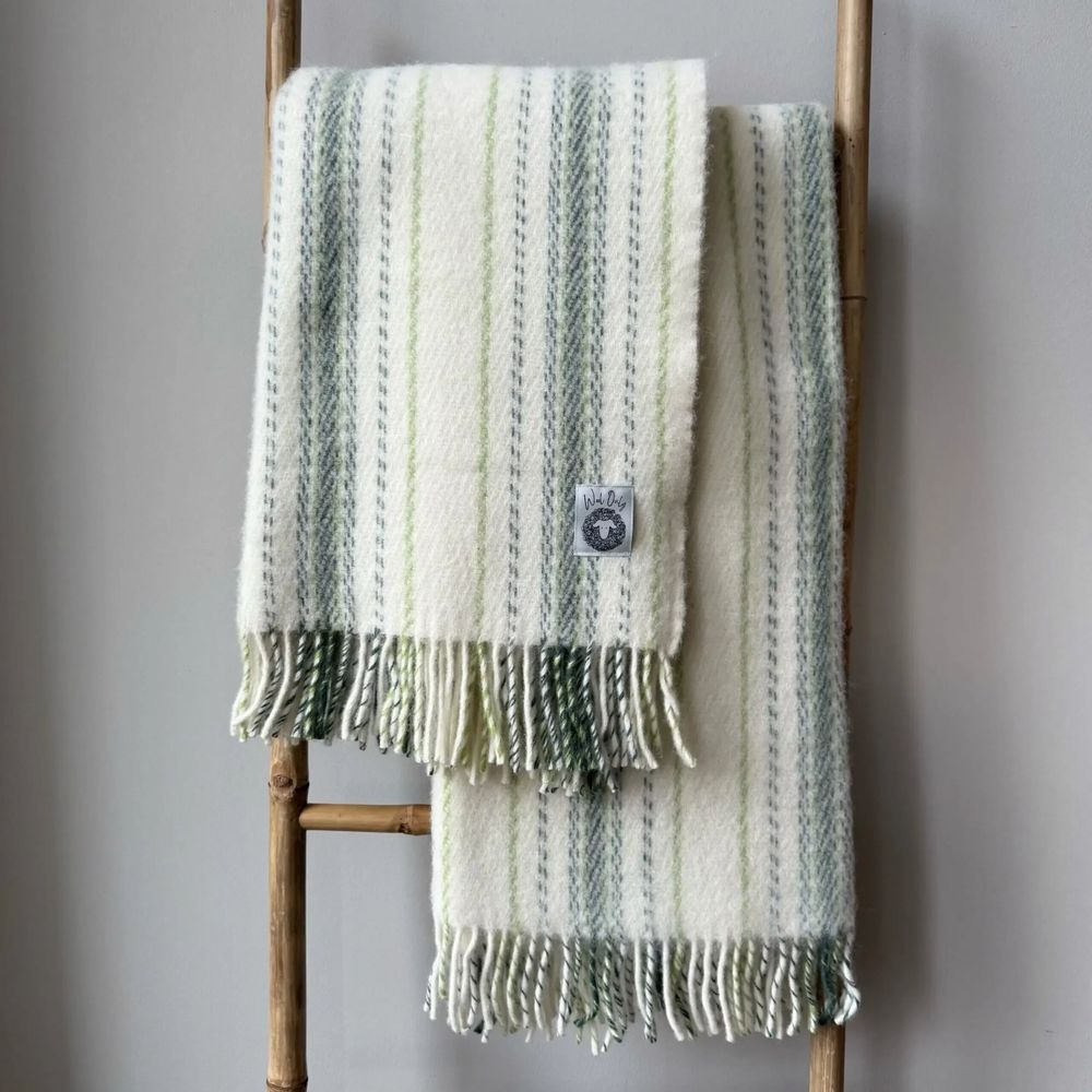 Throw blankets - Wool blanket plaid, Stripe Off White Green - WOOL ONLY BY JOWOLLINA