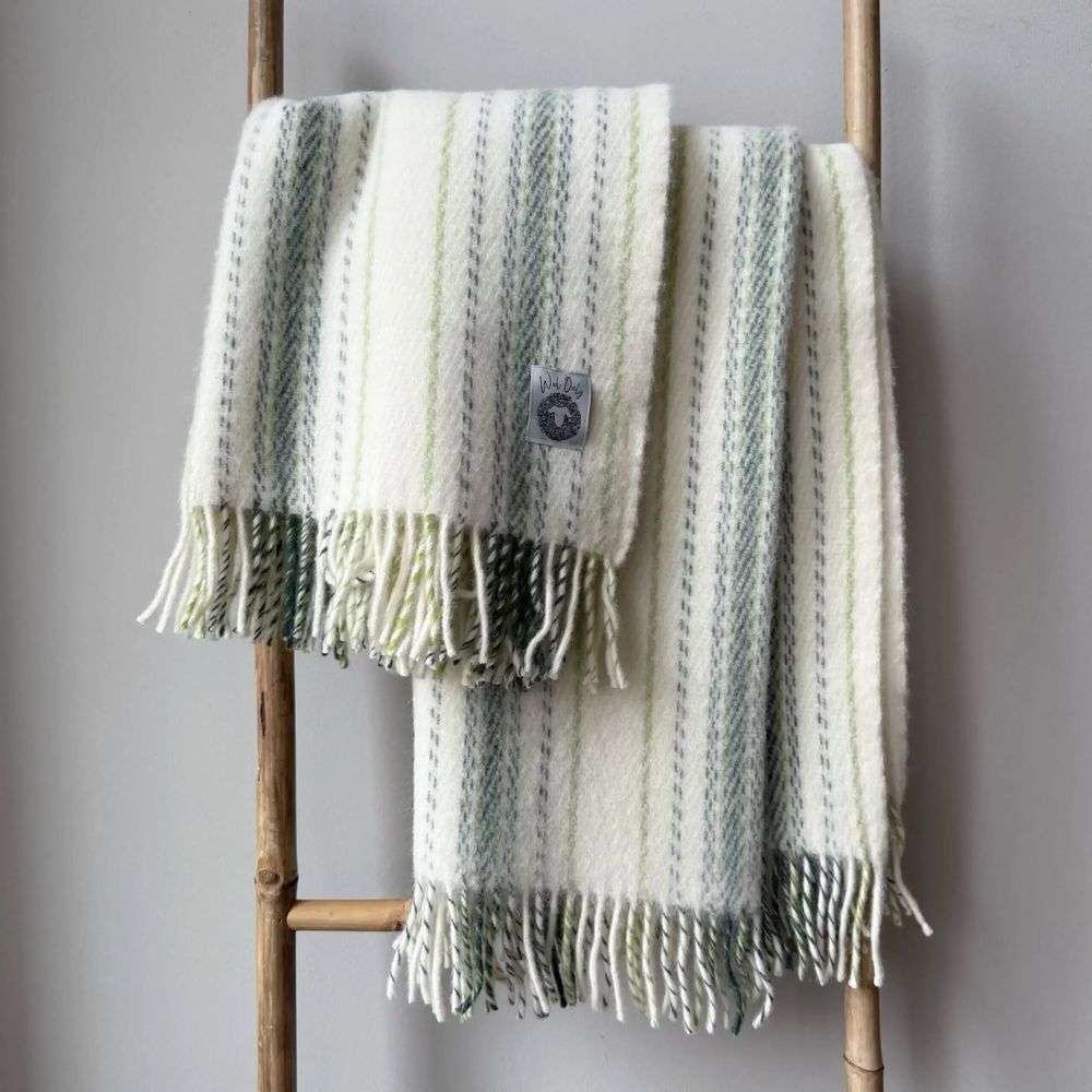 Throw blankets - Wool blanket plaid, Stripe Off White Green - WOOL ONLY BY JOWOLLINA