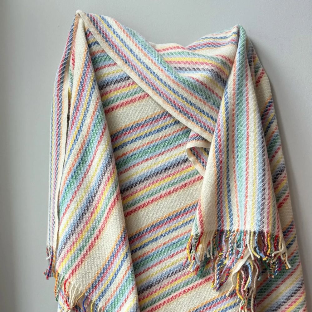 Throw blankets - Wool blanket plaid, Stripe Off White Colorful - WOOL ONLY BY JOWOLLINA