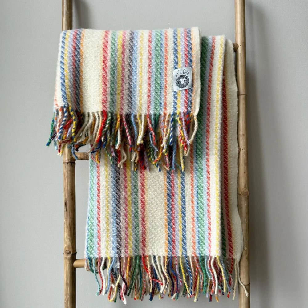Throw blankets - Wool blanket plaid, Stripe Off White Colorful - WOOL ONLY BY JOWOLLINA