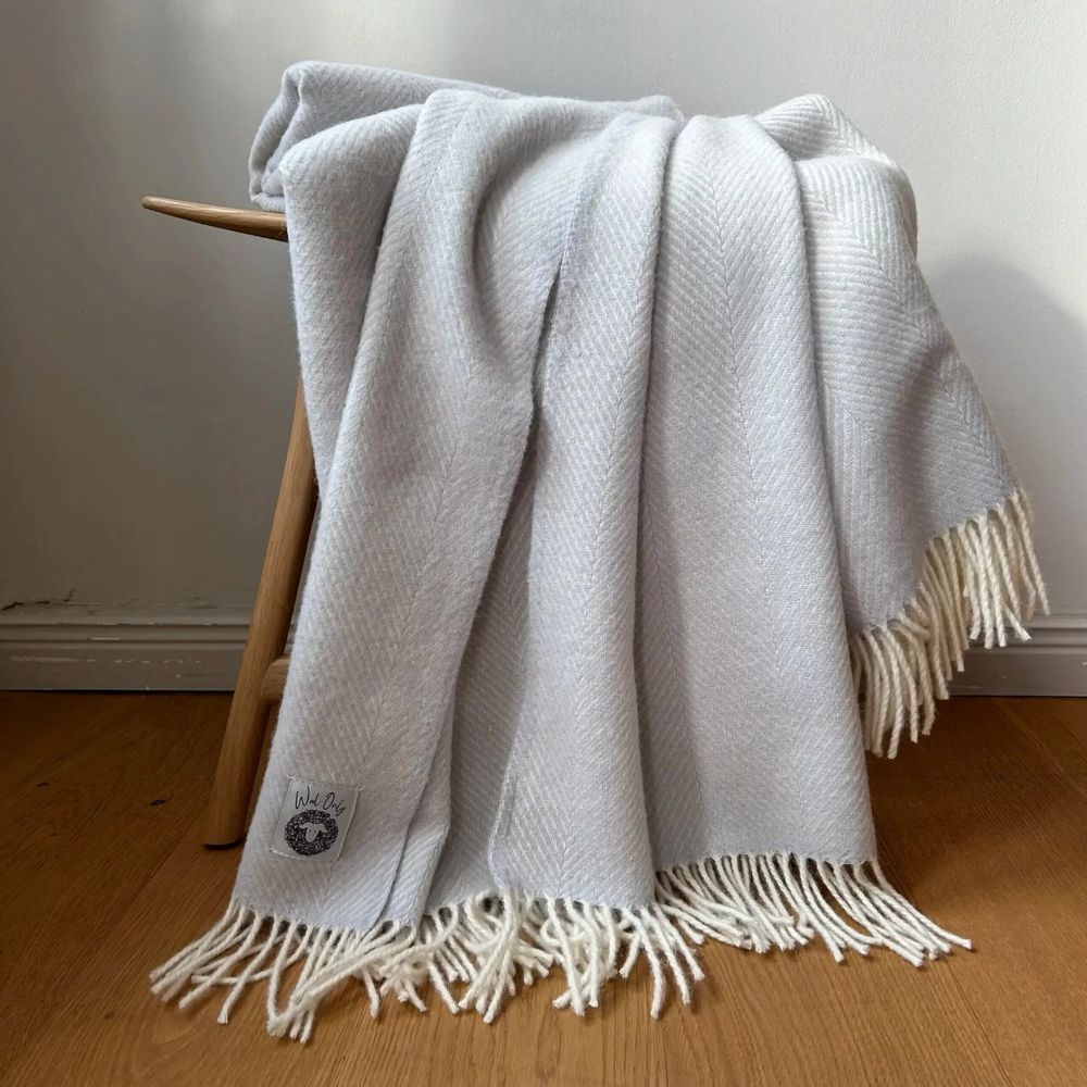 Throw blankets - Wool blanket plaid, Herringbone Ice Grey - WOOL ONLY BY JOWOLLINA