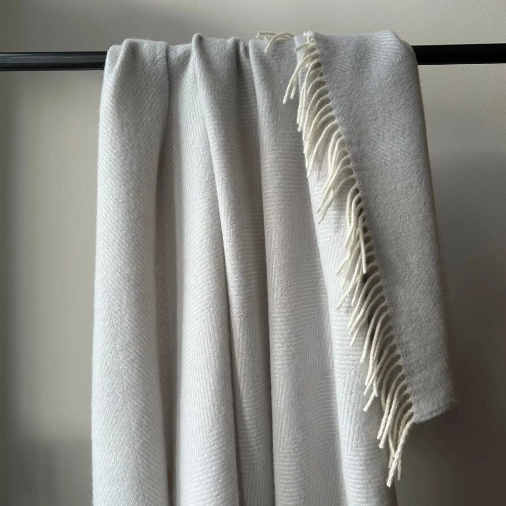 Throw blankets - Wool blanket plaid, Herringbone Ice Grey - WOOL ONLY BY JOWOLLINA