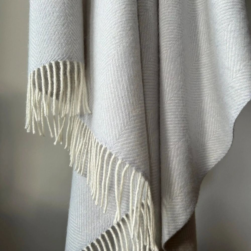 Throw blankets - Wool blanket plaid, Herringbone Ice Grey - WOOL ONLY BY JOWOLLINA