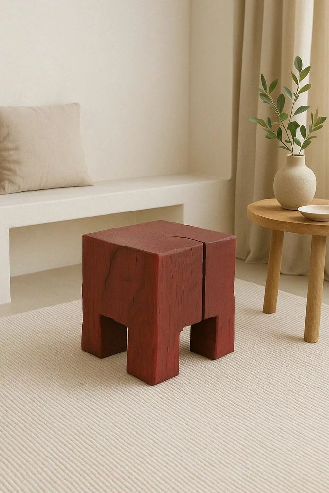 Stools - Hand-Carved Red Wood Stool – Sculptural Accent Seat - LOGNITURE