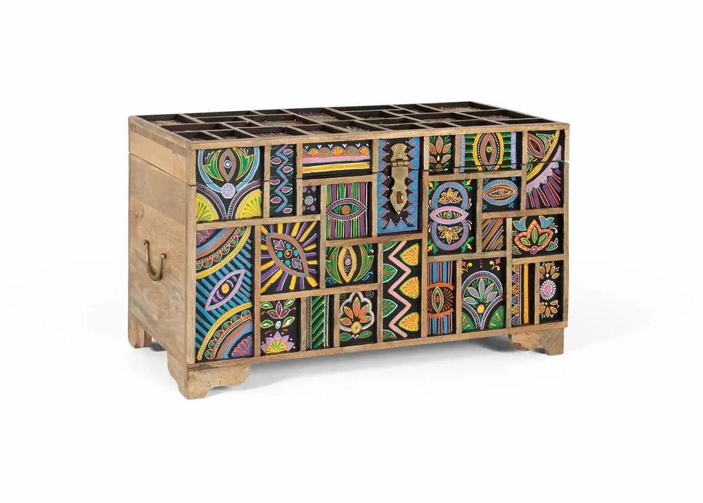 Storage boxes - Hand-painted multi-colored mango wood chest - GINER Y COLOMER