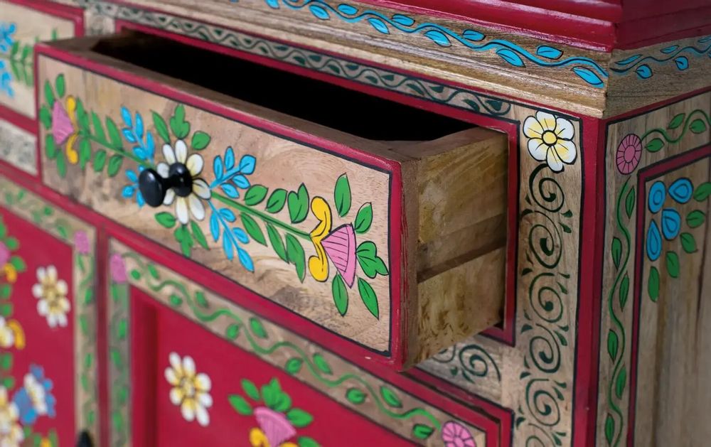 Sideboards - Hand painted mango wood sideboard with 2 drawers and doors - GINER Y COLOMER