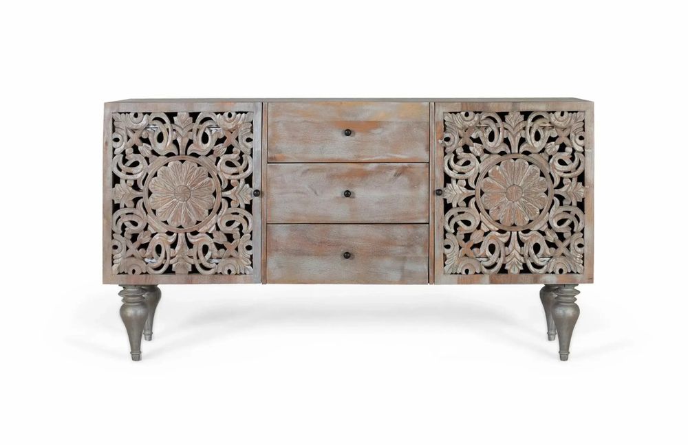 Sideboards - Mango wood sideboard with two carved side doors - GINER Y COLOMER