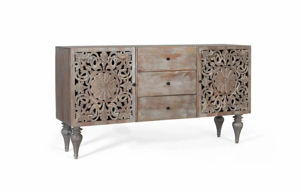 Sideboards - Mango wood sideboard with two carved side doors - GINER Y COLOMER
