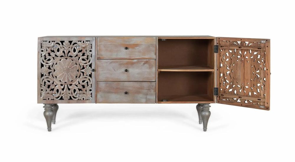 Sideboards - Mango wood sideboard with two carved side doors - GINER Y COLOMER