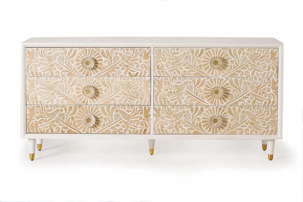 Commodes - Commode en bois de manguier blanc avec détails dorés - GINER Y COLOMER