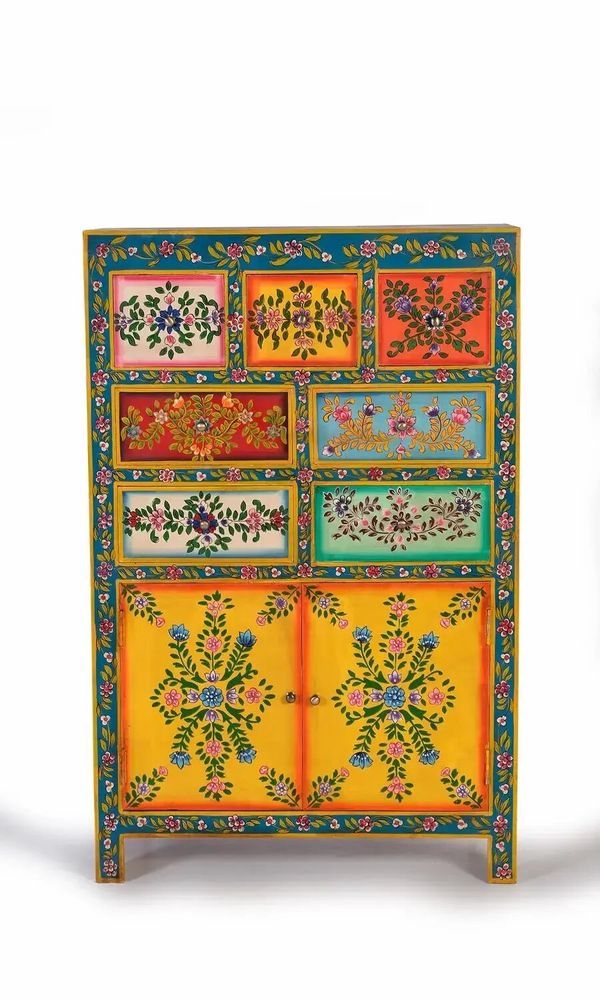 Chests of drawers - Mango wood chest of drawers with hand-painted multi-colored details - GINER Y COLOMER