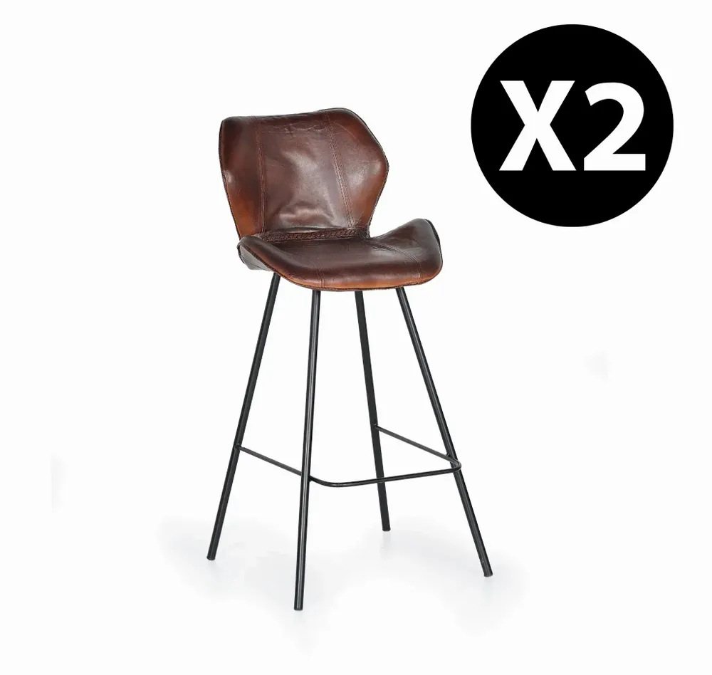 Tabourets - Lot de 2 tabourets en cuir naturel avec pieds en métal - GINER Y COLOMER