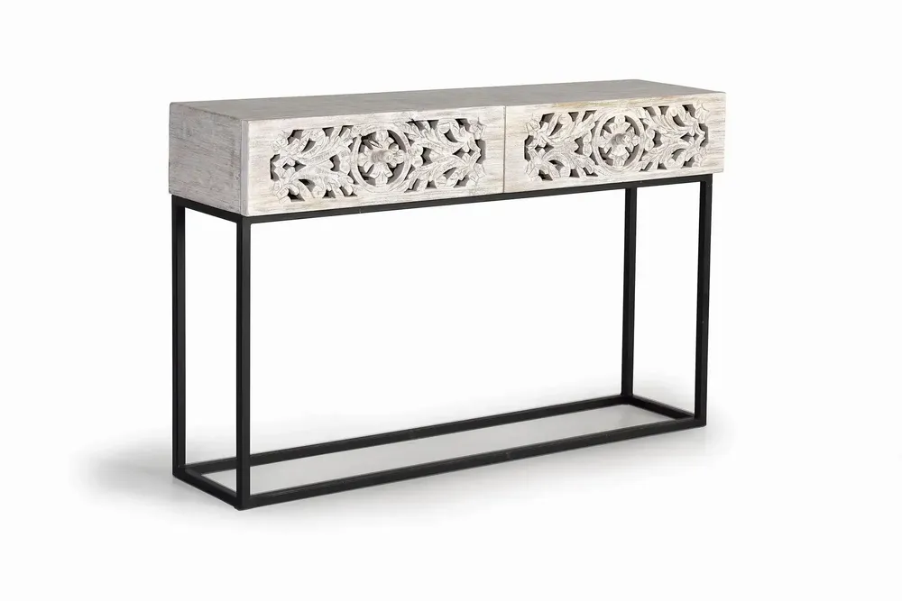 Console table - Mango wood console and black and white aged metal legs - GINER Y COLOMER