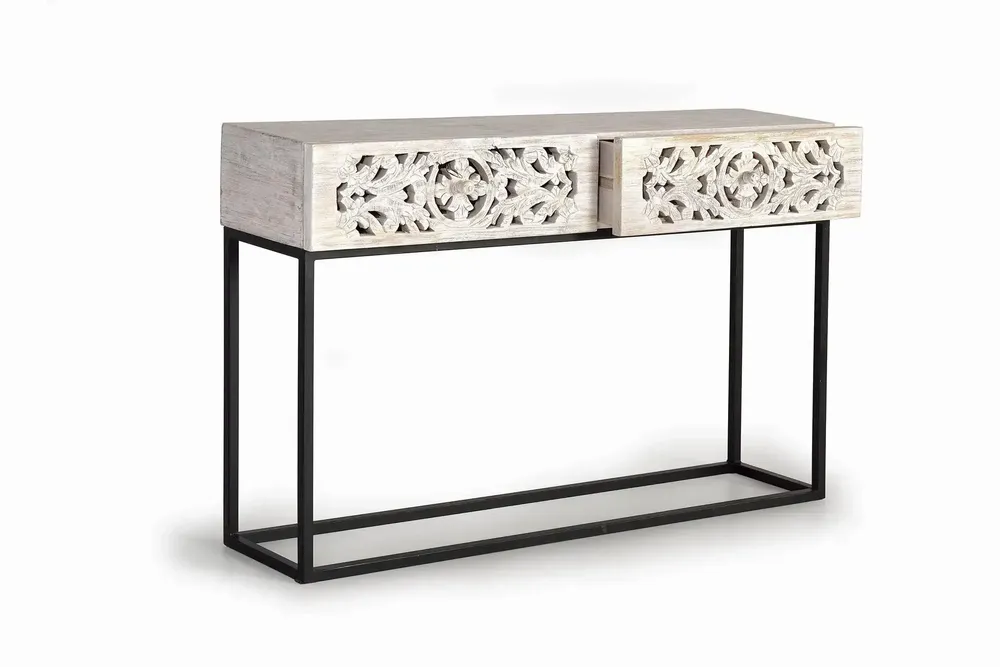 Console table - Mango wood console and black and white aged metal legs - GINER Y COLOMER