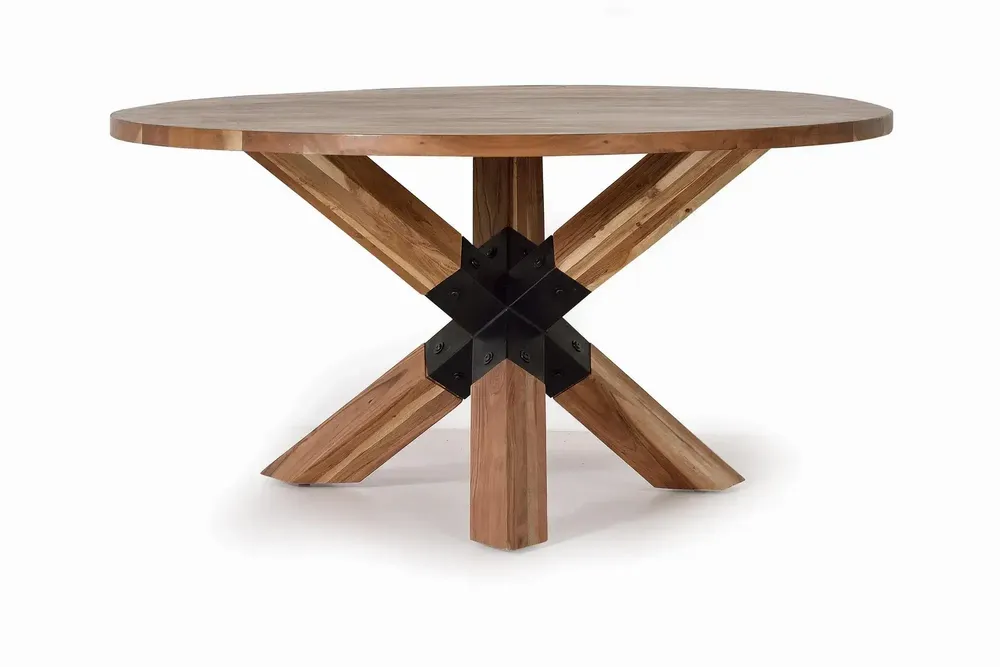 Tables Salle à Manger - Table à manger ronde en bois d'acacia naturel et pieds en métal noir - GINER Y COLOMER