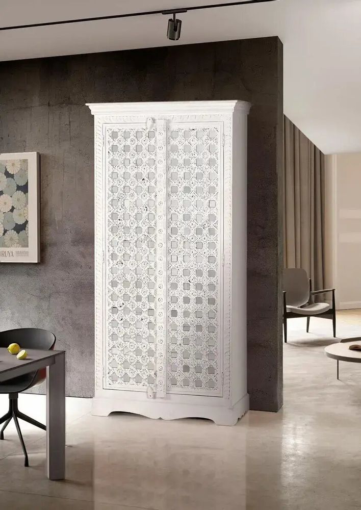 Wardrobe - Mango wood cabinet mirror details in white - GINER Y COLOMER