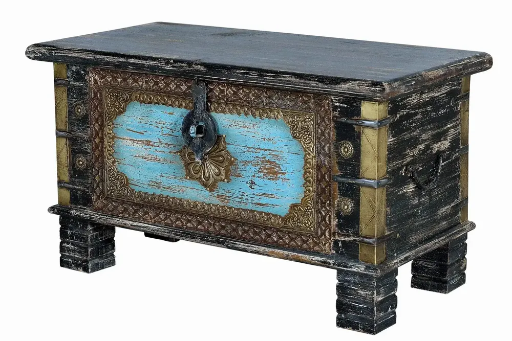 Boîtes de rangement - Coffre en bois de manguier noir vieilli avec détails bleus - GINER Y COLOMER