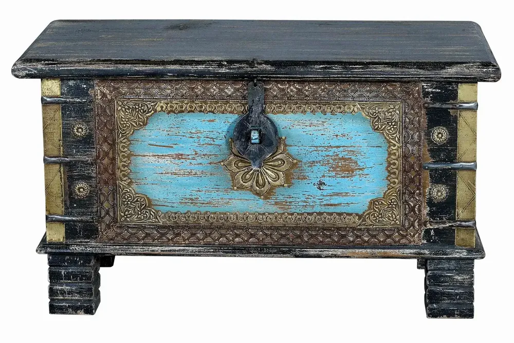 Boîtes de rangement - Coffre en bois de manguier noir vieilli avec détails bleus - GINER Y COLOMER