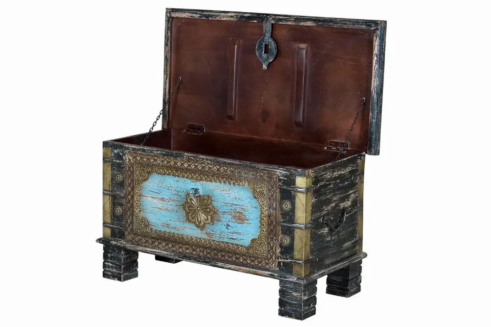 Boîtes de rangement - Coffre en bois de manguier noir vieilli avec détails bleus - GINER Y COLOMER