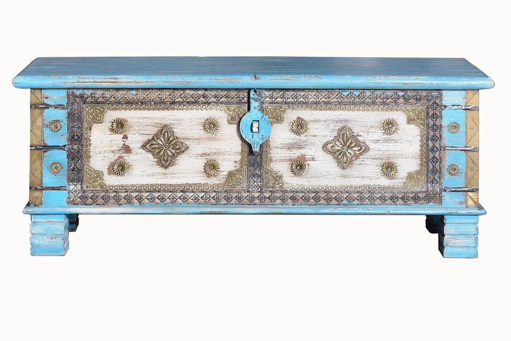 Storage boxes - Chest in aged blue mango wood - GINER Y COLOMER