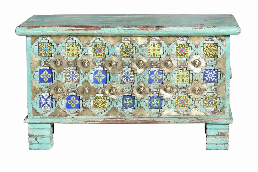 Boîtes de rangement - Coffre en bois de manguier avec détails verts et multicolores - GINER Y COLOMER